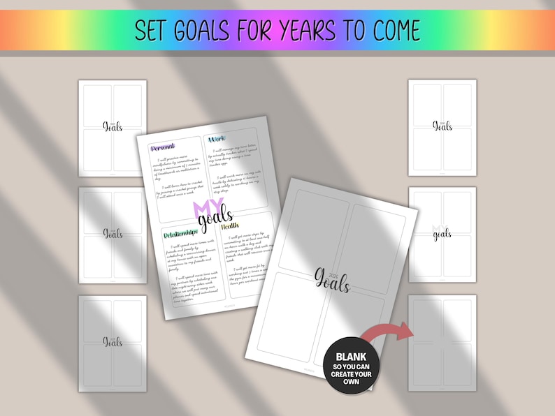 Peut inclure: Un planificateur avec le texte "My Goals" et "Set Goals For Years To Come". Le planificateur comporte des sections pour les objectifs personnels, professionnels, relationnels et de sant&eacute;. L'image comprend &eacute;galement des feuilles d'objectifs vierges.