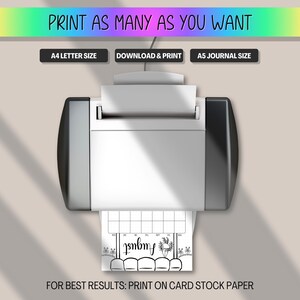 May include: A white printer printing a black and white calendar page for August. The image includes text that says "Print as many as you want", "A4 Letter Size", "Download & Print", and "A5 Journal Size". The bottom of the image says "For best results: Print on card stock paper".