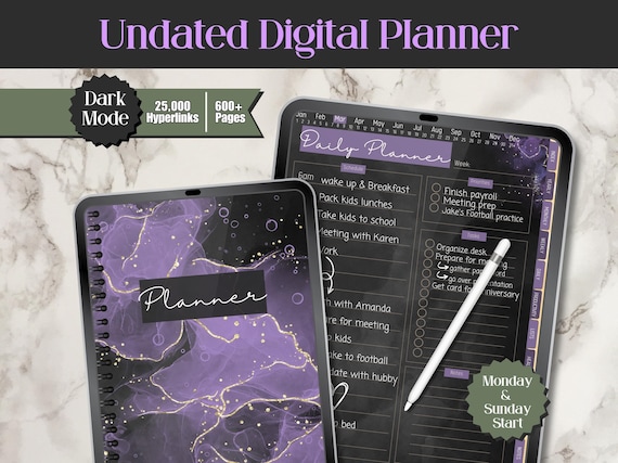 Dark Digital Planner, Hyperlink Digital Planner Dark Mode, Digital Undated Planner, Digital Life Planner, Dark Theme Digital Planner Ipad