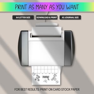 May include: A white printer printing a calendar page with the month of June. The image includes the text "PRINT AS MANY AS YOU WANT", "A4 LETTER SIZE", "DOWNLOAD & PRINT", "A5 JOURNAL SIZE", and "FOR BEST RESULTS: PRINT ON CARD STOCK PAPER".