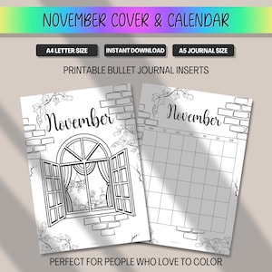 November Calendar & Cover Page, Monthly Planner Title Premade Bullet Journal Insert, Printable Coloring BUJO BulletJournal A5 A4 Letter PDF