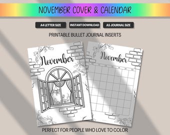 November Calendar & Cover Page, Monthly Planner Title Premade Bullet Journal Insert, Printable Coloring BUJO BulletJournal A5 A4 Letter PDF