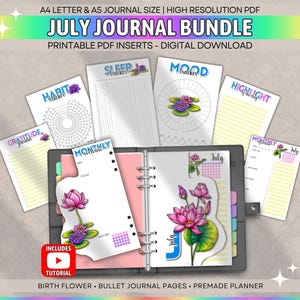 May include: A July journal bundle featuring printable PDF inserts for A4 and A5 sizes. The set includes habit, sleep, and mood trackers, a gratitude journal, and monthly planner pages decorated with pink and purple lotus flower illustrations.