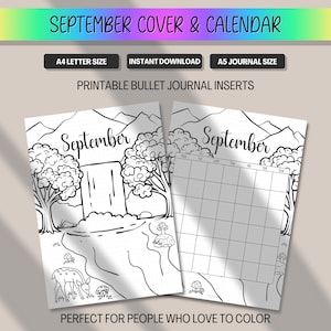 May include: Printable bullet journal inserts for September, featuring a cover with a waterfall scene and a calendar layout. Includes A4 and A5 sizes, available for instant download. The design is perfect for coloring.