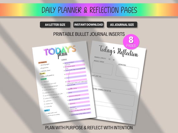 ADHD Daily Planners & Self Reflection Bundle | Minimalist Printable or Digital Journal Pages with Task Tracker and Time Blocking | A5 A4 pdf