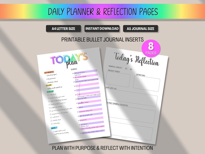 Pode incluir: Inser&ccedil;&otilde;es de di&aacute;rio de bala imprim&iacute;veis com p&aacute;ginas de planejamento di&aacute;rio e reflex&atilde;o. As p&aacute;ginas apresentam texto e elementos de design coloridos, incluindo as palavras "Today's plan" e "Today's Reflection". Dispon&iacute;vel nos tamanhos A4 e A5.