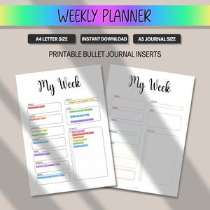 May include: Printable weekly planner inserts with the text "My Week". The design includes sections for daily tasks, goals, and a to-do list. The top banner reads "WEEKLY PLANNER" and includes options for A4 letter size and A5 journal size.