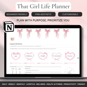 May include: A digital planner template with a pink aesthetic. The template is designed to help users plan their life with purpose and prioritize their goals. The template includes sections for life, wellness, health, productivity, and finance. The template is customizable and beginner-friendly.