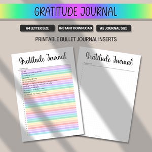 May include: Two printable gratitude journal inserts. One page has a list of prompts with colorful horizontal lines. The other page is blank with dot grid. The text on the top says "Gratitude Journal".