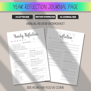 Puede incluir: Dos páginas de diario imprimibles en blanco con el texto "Yearly Reflection" y "Annual Review Worksheet". La parte superior de la imagen tiene el texto "Year Reflection Journal Page" en un degradado arcoíris. La imagen también incluye el texto "A4 Letter Size", "Instant Download" y "A5 Journal Size".