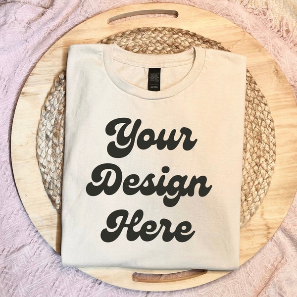 Sand Gildan Soft Style Tee Shirt Mock Up Trendy Flat Lay