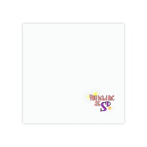 May include: White card with the text "You had me at S" in pink and purple letters with a daisy design around the text.
