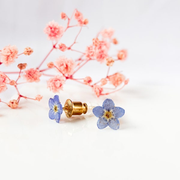 Forget me not studs // handmade pressed real flower jewelry nature blue minimalist gift for her thanksgiving christmas special gift for her