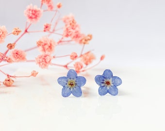 Véritables boucles d’oreilles myosotis, faites à la main à partir de résine // Bijoux en résine de fleurs boucles d’oreilles nature stud argent petite amie Saint-Valentin