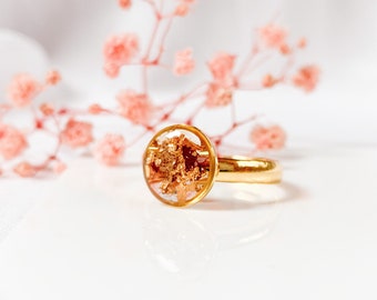 Ring with real autumn leaves // handmade dried pressed real resin flower fall jewelry wood forest ring gold gift for christmas gift for her