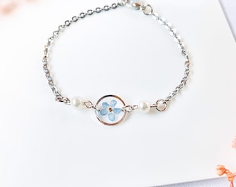 Echtes Vergissmeinnicht Armband // handgemacht Perlenarmband Resin getrocknete Blüte Schmuck Geschenk Abschied Freundin für Sie Valentinstag