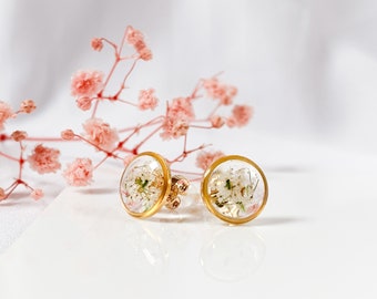 Ear studs with real flowers // handmade dried minimalist resin earrings queen anne's lace jewelry botanical stud gift for her christmas gift