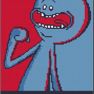 May include: Pixelated artwork featuring a blue character with a red mouth and accents, flexing its arm. The background is split red and blue. The text "LOOK AT ME!" is at the bottom.