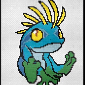 以下が含まれることがあります： 黄色いトゲトゲのモホークを持つ青と緑のピクセルアートキャラクター。キャラクターは大きな黄色い目と幅広い歯を見せて笑っています。