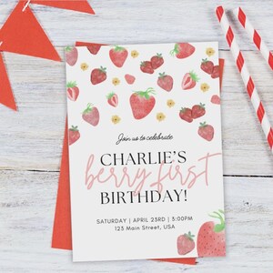 Adorable Strawberry Birthday Invitation | Editable Canva Template | Strawberry Party Invite | Girl Birthday Invitation | Instant Download