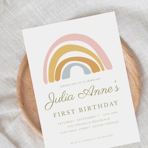 Editable Boho Rainbow Birthday Invitation - Neutral Rainbow Modern Invite - Minimalist Birthday Template - Canva Instant Download