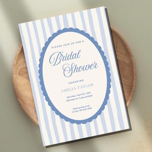 Elegant Blue Bridal Shower Invitation | 5x7 Editable Canva Template | Instant Download | Baby Blue Striped Design