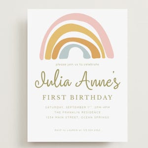Boho Rainbow Birthday Invitation - Neutral Rainbow Invite - Editable Canva Template - Minimal Birthday Design - Instant Download