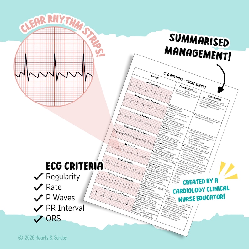 Ecg Rhythm Cheat Sheets 40 Cardiac Rhythms Digital Download Etsy