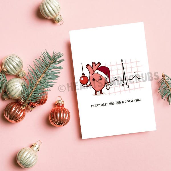 Merry QRST-mas and a P New Year | Christmas Greeting Card | EKG Cardiac Nurse Doctor Paramedic | Cute Medical Pun | Stocking Stuffer