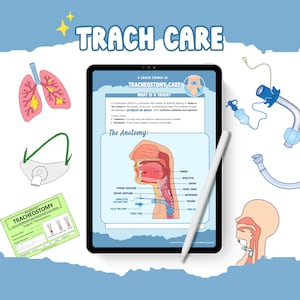Könnte beinhalten: Ein digitales Tablet mit einem Tracheostoma-Pflegeleitfaden, anatomischen Diagrammen der Atemwege, Trachealkanülen, medizinischen Geräteillustrationen und einer grünen Tracheostoma-Informationskarte.