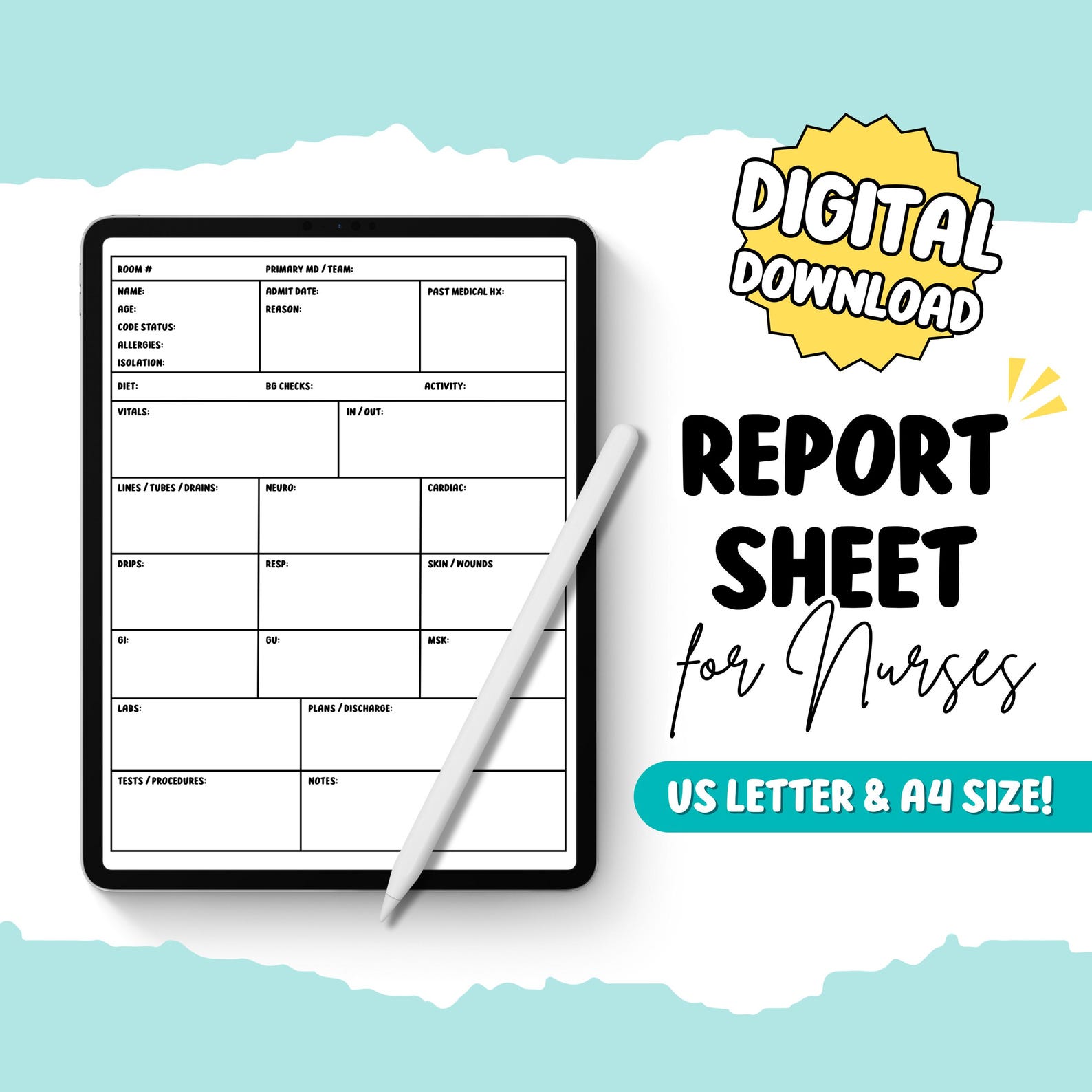 Nurse Brain Sheet Printable | ICU & Med-surg Report Sheet | Nursing ...