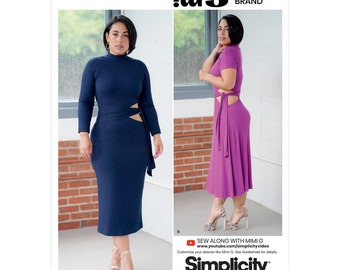 Misses' Peekaboo Knit Dress, Cut-Out Waist, Wrap Sash, Sleeve & Length Variations, Simplicity S9370 Pattern, Size 16-24, NEW, UNCUT, F/F