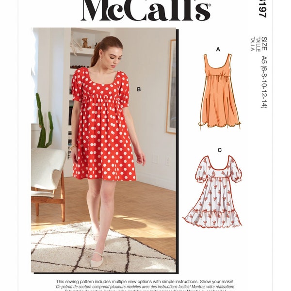 Misses' Baby Doll Dress, Sleeveless & Short Sleeve, Summer Casual Dress, McCall's M8197, Size 6-14, Size 16-24, New, UNCUT, F/F