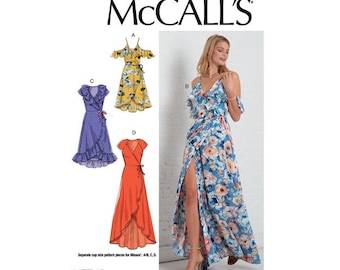 Wrap Dress, Summer Dress, Maxi/Midi Dress w Straps, Ruffles, Ribbon Tie, Shaped Hemline, McCall’s M7745, Size 6-14 & 14-22, NEW, UNCUT, FF