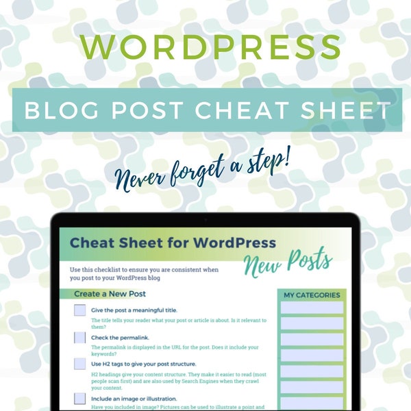 WordPress Cheat Sheet: New Blog Post Checklist｜PDF Worksheet｜Printable