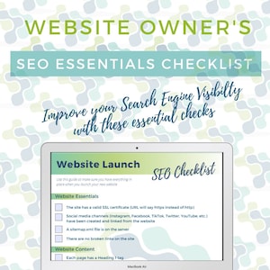 Puede incluir: Una lista de verificación para los propietarios de sitios web para mejorar su visibilidad en los motores de búsqueda. La lista de verificación incluye elementos esenciales del sitio web, como un certificado SSL, canales de redes sociales, un mapa del sitio y enlaces rotos. También incluye el contenido del sitio web, como garantizar que cada página tenga una etiqueta Heading 1.