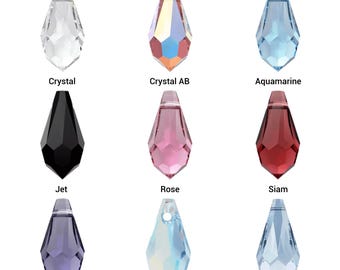 May include: Nine crystal teardrop pendants in various colors, including crystal, crystal AB, aquamarine, jet, rose, siam, tanzanite, aquamarine AB, and blue shade.