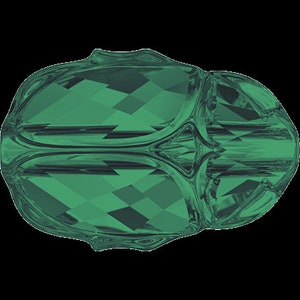 May include: A green faceted glass bead with a unique, organic shape. The bead has a smooth, polished surface and a deep, rich green color.