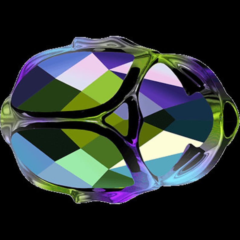 May include: A colorful, abstract, geometric design with a black frame. The design is made up of various shades of green, blue, purple, and white.