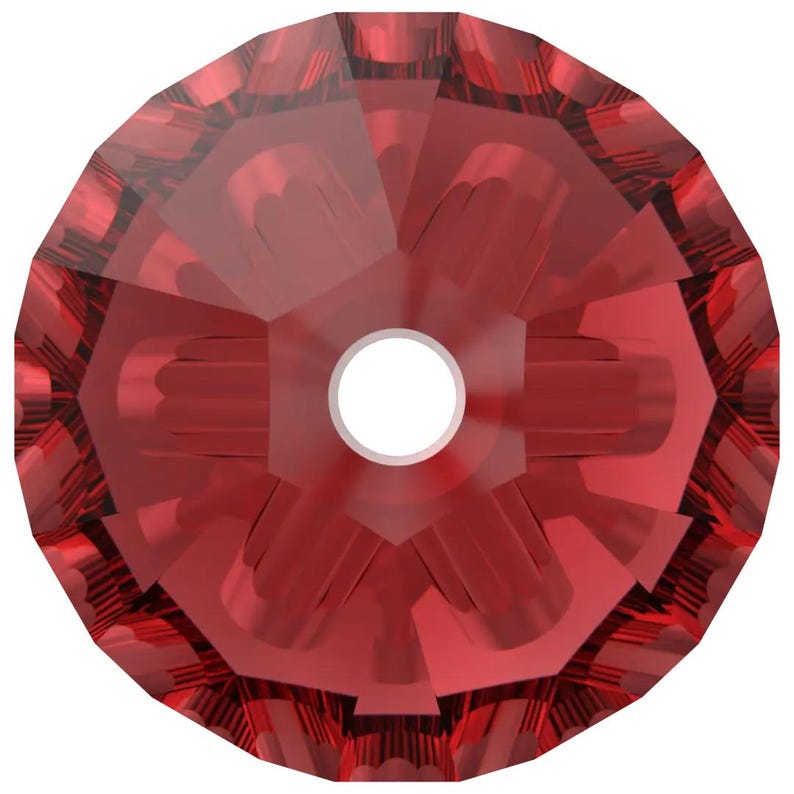 The image is a red crystal with a white center, featuring a repeating pattern of red and white lines and shapes.