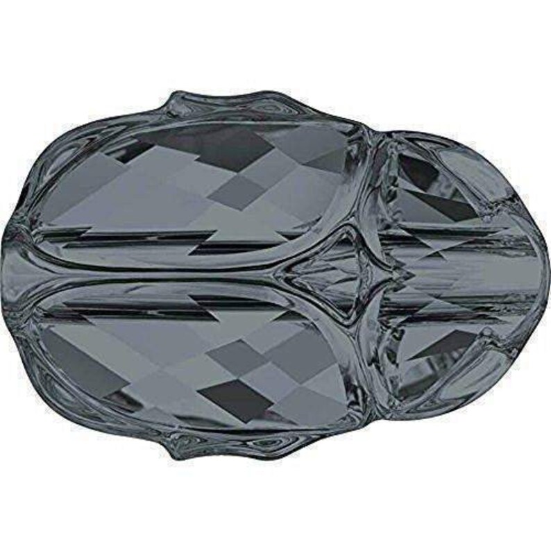 May include: A dark gray faceted glass bead with a geometric design. The bead has a rounded shape and a smooth, shiny surface.