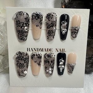 Lace Rhinestone Press On Nails: Gothic Black Accent, Handmade Reusable False Nails