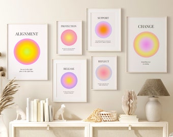 Set of 6 Aura Poster, Angel Numbers, Spiritual Wall Art, Gradient Print, Affirmation Wall Art, Aura Print, Printable Wall Art