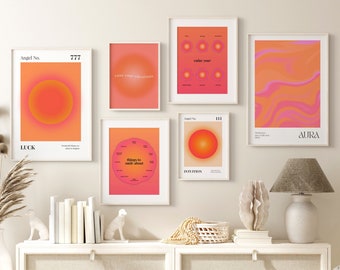 Conjunto de 6 carteles de aura, impresión de aura, impresión degradada, número de ángel, arte de pared espiritual, cartel de afirmación, estética de decoración de habitación, galería de pared