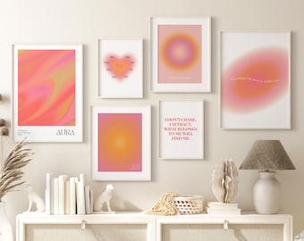 Conjunto de 6 carteles de aura, impresión de aura, impresión degradada, número de ángel, arte de pared espiritual, cartel de afirmación, estética de decoración de habitación, galería de pared
