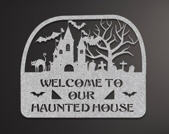 Welcome to Our Haunted House - Front Porch Decor with Gothic Home Accents and Halloween Yard Decor, Halloween Metal Sign, Porch Sign
