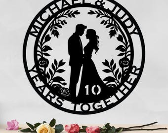 Personalized 10th Anniversary Metal Sign Custom Tin Gift Couple Aluminum Wall Art Silhouette