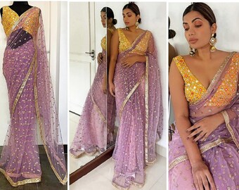 Bollywood Saree Sari Or Violet Couture Chemisier Taille Grande fête de mariage Wear Bollywood Saree Sari Or Violet Couture Chemisier Taille Grande fête de mariage Wear