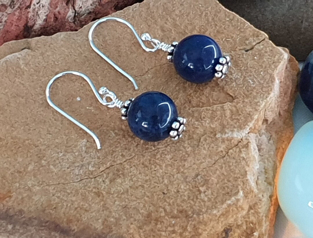 Sodalite Gemstone 10mm Bead Wire Wrapped Drop Earings Natural Etsy