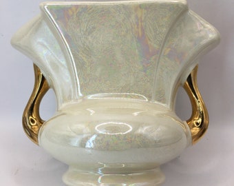 Vintage Pioneer Pottery Pearl Iridescent Vase 22k Gold Handles USA